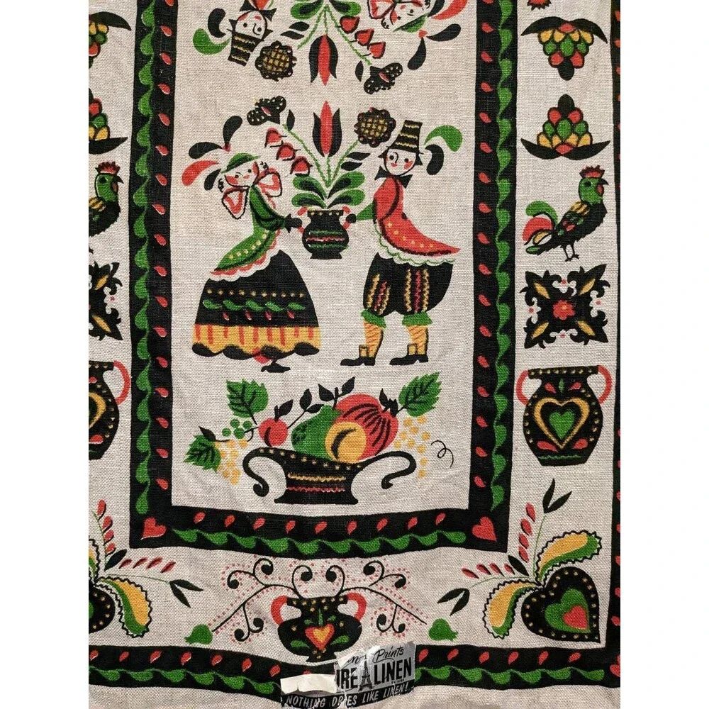 Vintage Linen Tea Towel Parisian Prints Penn Dutch Folk Art Screen Print NOS
